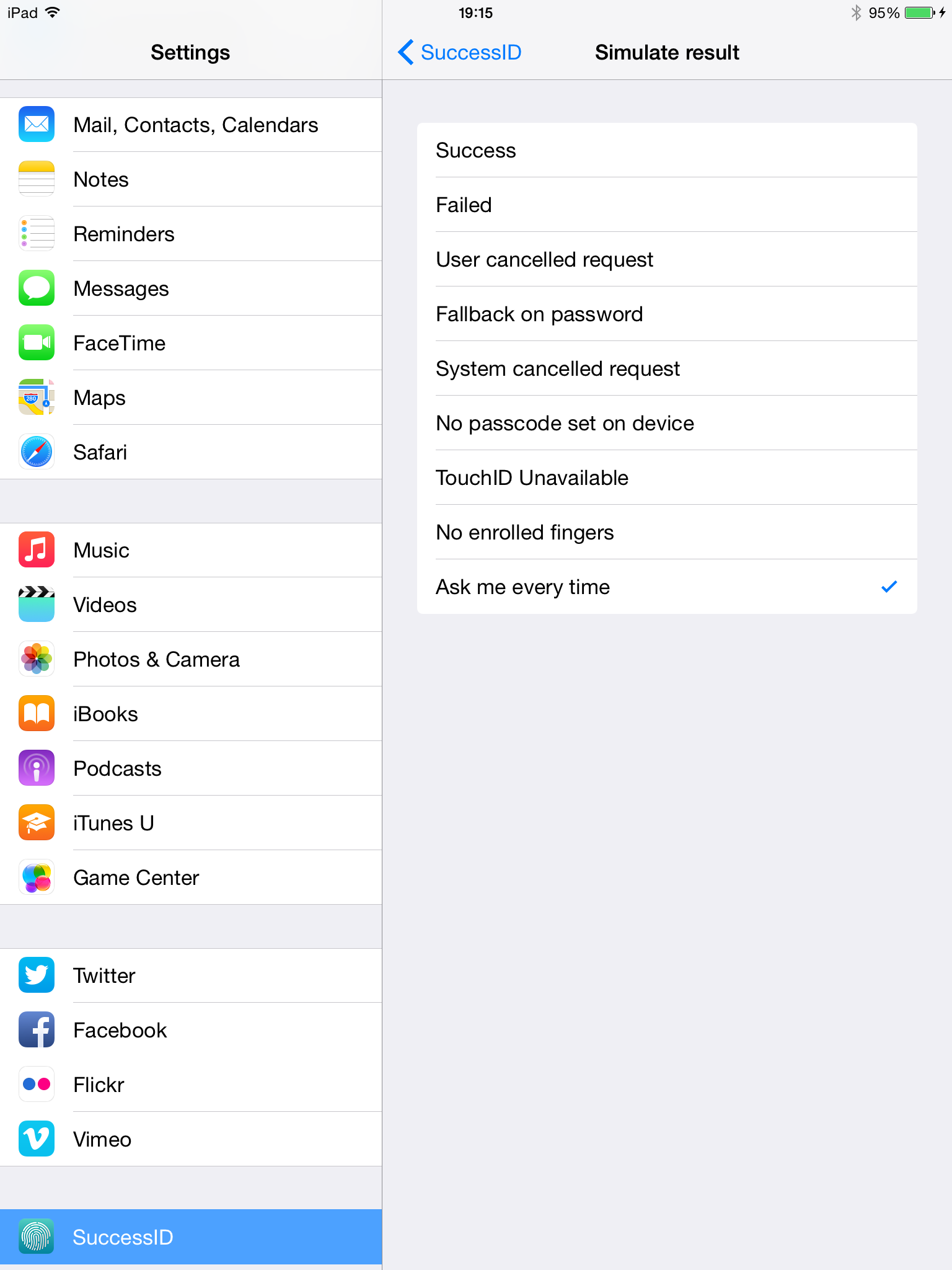 A screenshot of the offered successID responses